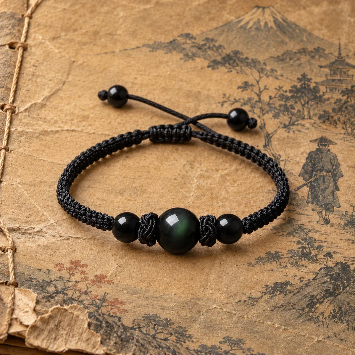 Bracelet KURO noir sur papier ancien