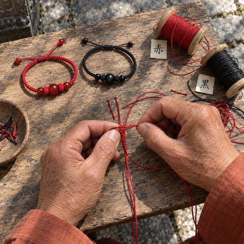 Des mains nouent le cordon rouge autour du bracelet