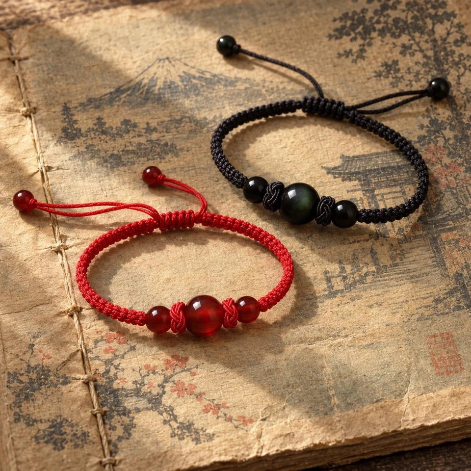 Bracelets AKA rouge et KURO noir sur un livre illustré