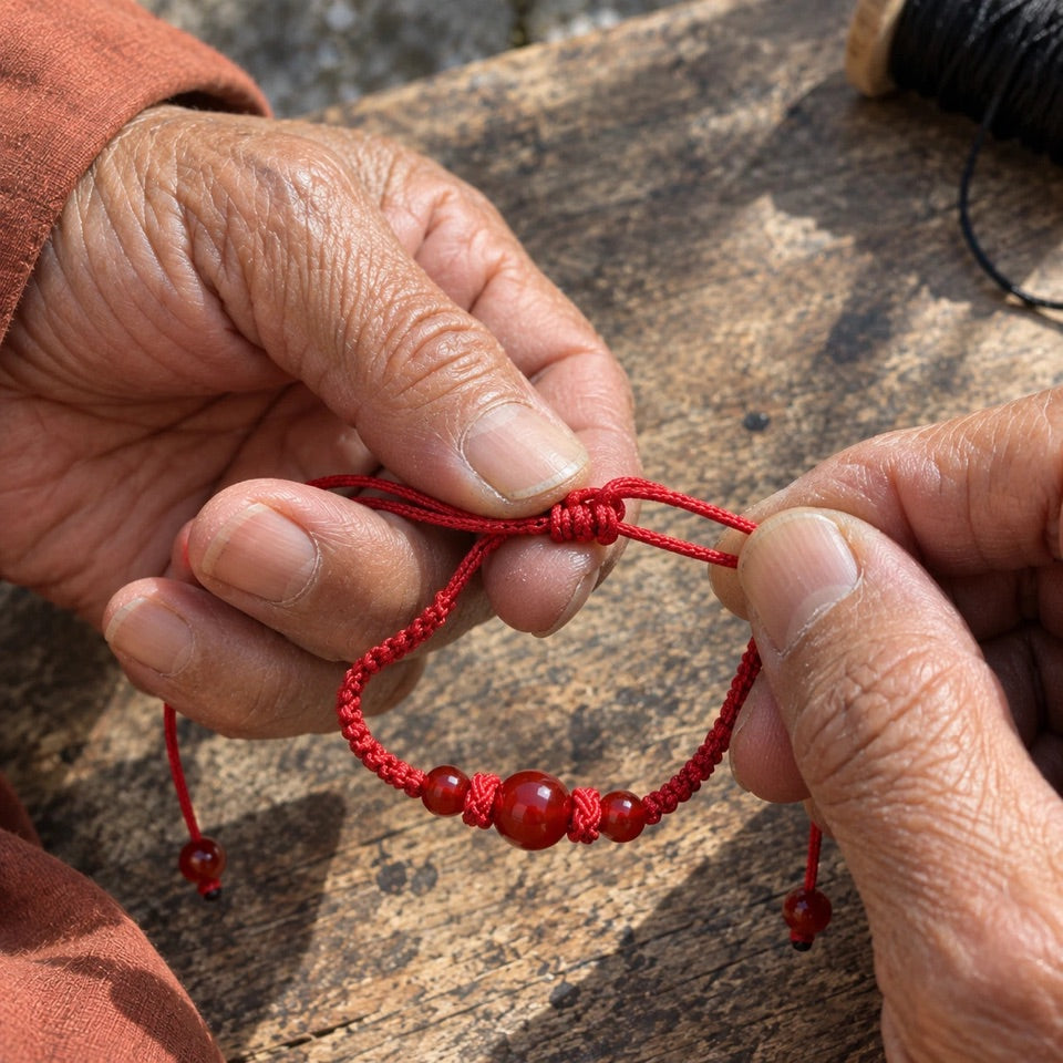 Des doigts vérifient le nœud coulissant du bracelet rouge