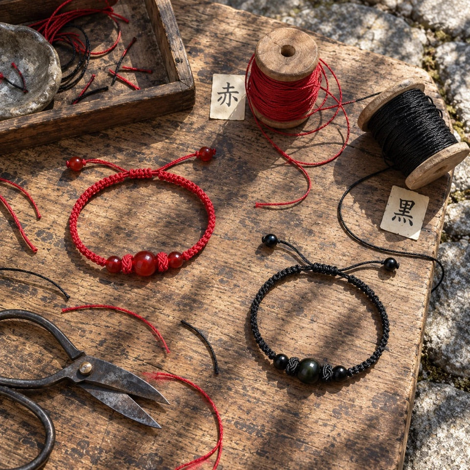 Bobines de fil, ciseaux et bracelets sur l’établi